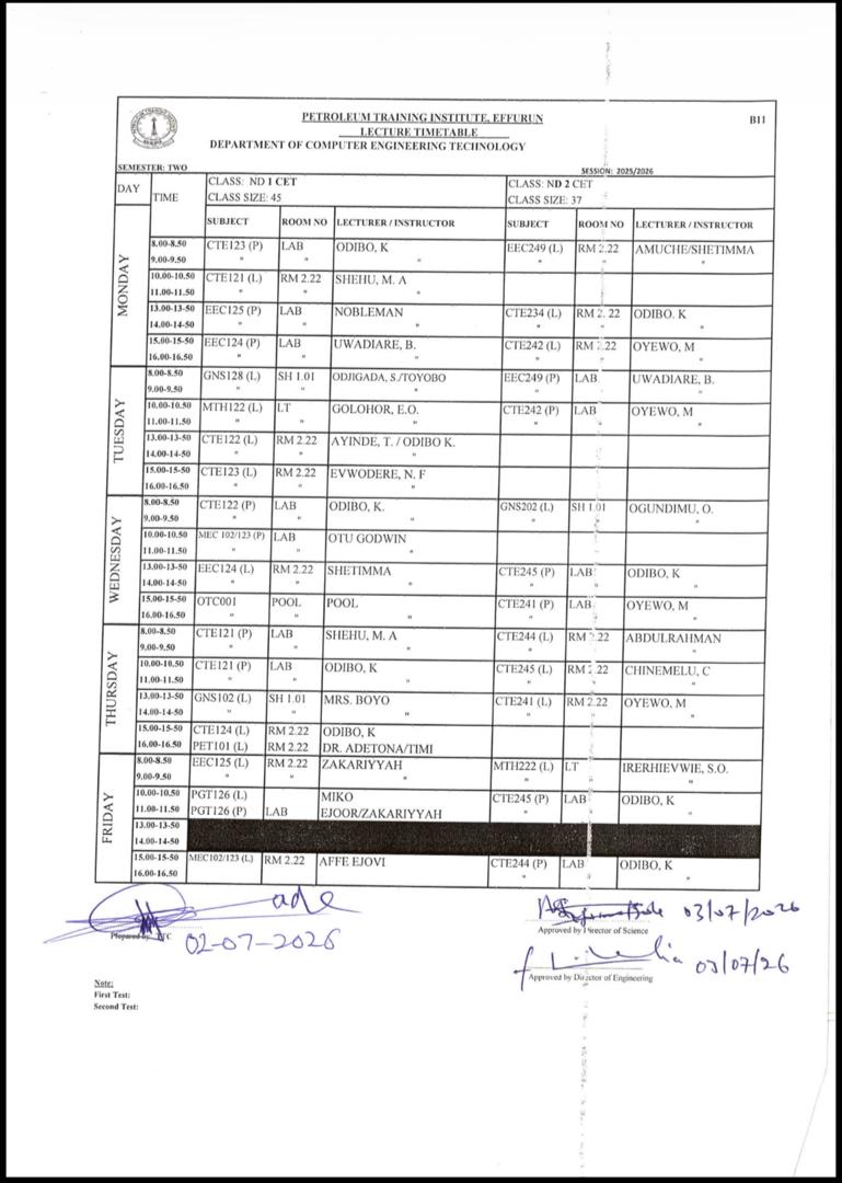 ND1 Class Timetable